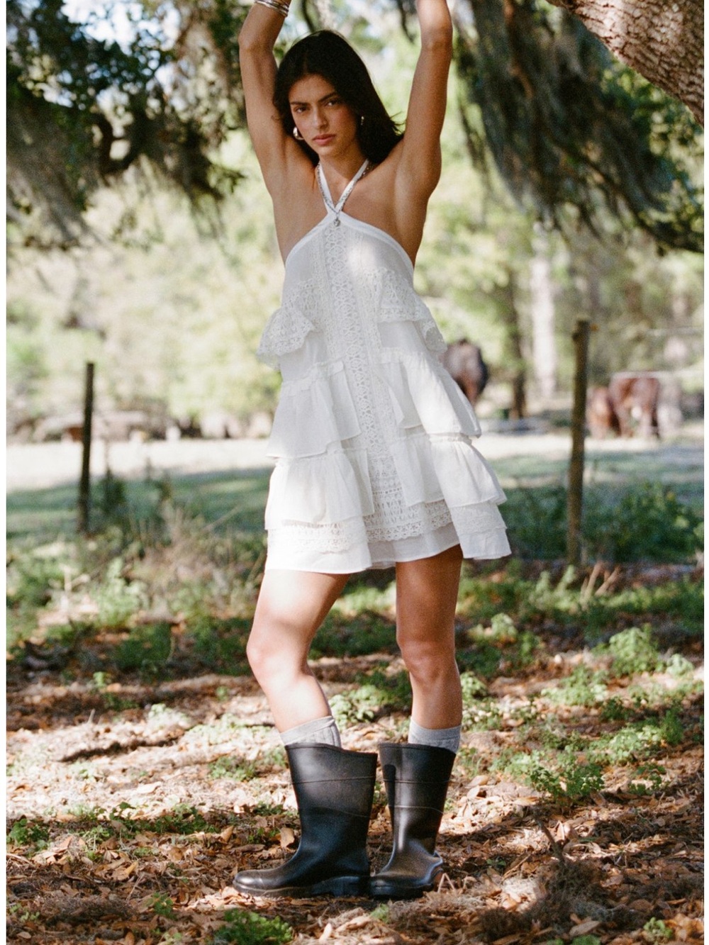NWT Urban outfitters Danika Tiered Lace Trim Y-Neck Halter Mini Dress size XS